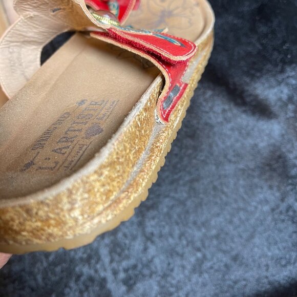 L’Artiste Spring Step Women’s 42 US 11 Red Green Leather Floral Thong Sandals - Picture 4 of 8